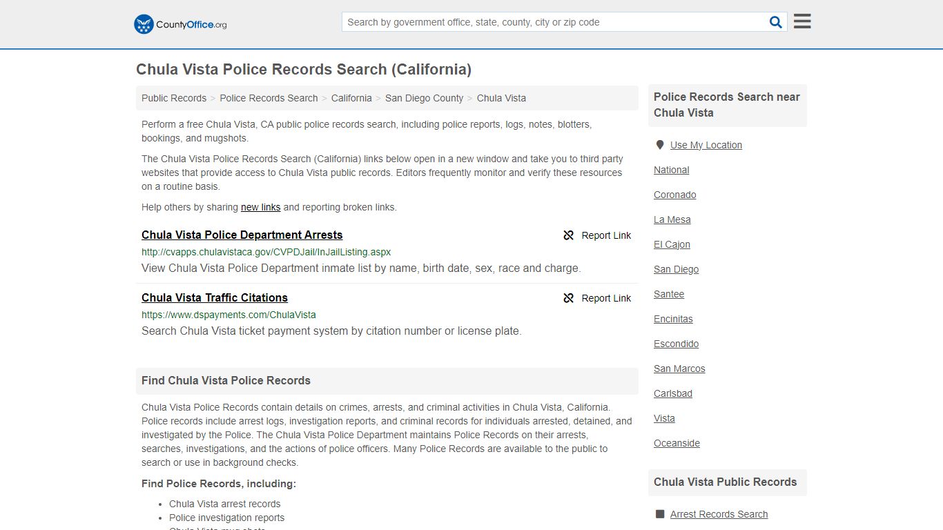 Chula Vista Police Records Search (California) - County Office